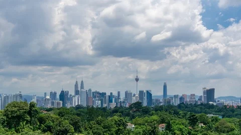 4K Time lapse of moving clouds over downtown Kuala Lumpur, Malaysia. Zoom In. Stock Footage 97321936