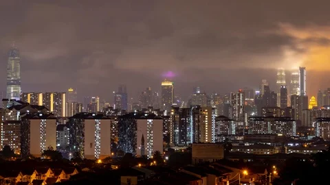 4K Time lapse of moving clouds over downtown Kuala Lumpur, Malaysia. Zoom In Stock Footage 97708170