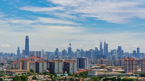 4K Time lapse of moving clouds over downtown Kuala Lumpur, Malaysia. Zoom In. Stock Footage 107257737