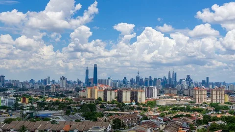 4K Time lapse of moving clouds over down town Kuala Lumpur, Malaysia. Zoom Out. Stock Footage 127681186