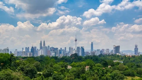 4K Time lapse of moving fluffy monsoon clouds  over downtown Kuala Lumpur Stock Footage 105902650