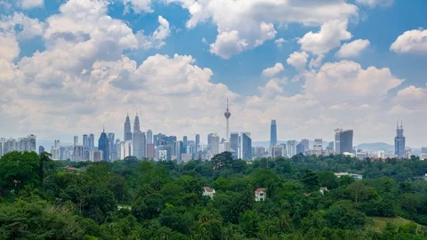 4K Time lapse of moving fluffy monsoon clouds  over downtown Kuala Lumpur Stock Footage 105902664