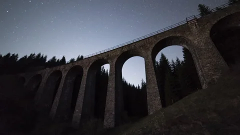 4K Time Lapse of Moving Stars Above Chmarossky Railway Viaduct, Telgart Slova Stock Footage 146774100