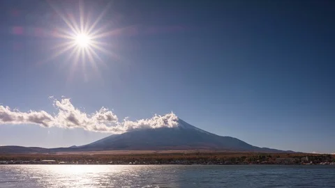 4K Time lapse of Mt.Fuji and sun moving down at Lake Yamanaka Stock Footage 123374733