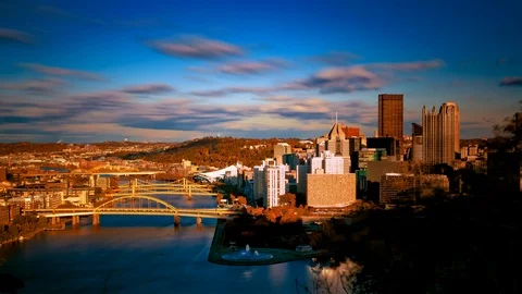 4K Time lapse Overlooking Downtown Pittsburgh During a Beautiful Sunset Stock Footage 97940851