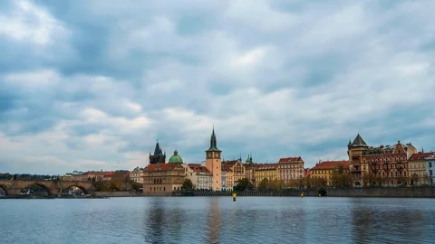 4K Time lapse of Prague riverside at Smetanovo nabrezi Stock Footage 97956759