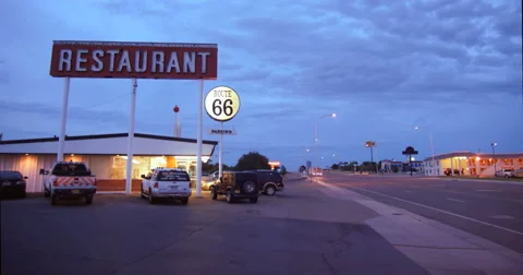 4K Time Lapse restaurant diner Route 66 Santa Rosa New Mexico dusk sunset night Stock Footage 53832232