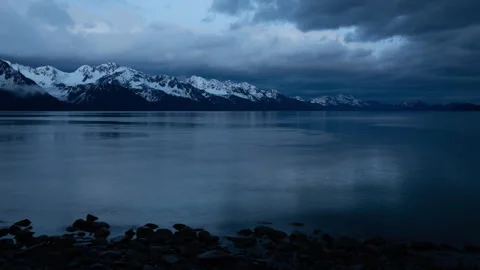 4K time lapse of Resurrection Bay snowy mountains in Seward, Alaska at dusk Stock Footage 242941880