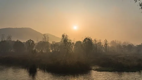 4K Time-lapse of Rising Mist and Sunrise Over Stream in Early Winter Stock Footage 342124160