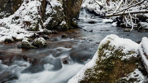 4K Time Lapse of River Flow in Frozen Landscape. Frozen Rocks In River. Stock Footage 146756860