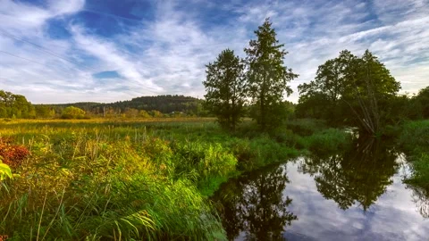 4k time lapse with river on meadows. Stock Footage 155461428