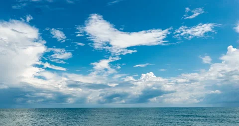 4k time lapse of the sea and blue sky, white clouds evolve and change shape Stock Footage 116588692