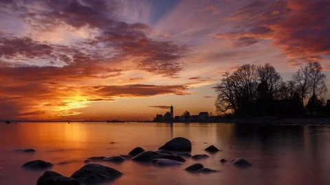 4K Time Lapse Sea Rocks Beach Sunset Slider Wasserburg Stock Footage 73500595