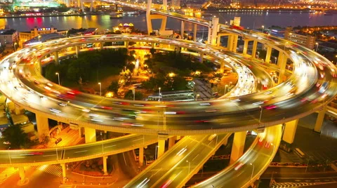 4K time lapse: Shanghai Nanpu Bridge,a spiral bridge at night Stock Footage 55206341