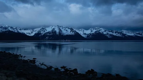 4K time lapse of Spring Creek prison lights at Resurrection Bay in Seward Alaska Stock Footage 242938174