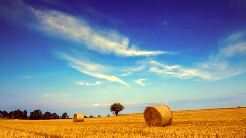 4k time lapse with straw bales on field under nice sky. Stock Footage 154766331