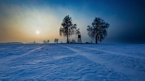 (4k) Time-lapse sunrise over beautiful snowy field, birch trees and raised hide  Stock Footage 71507779