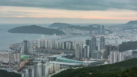 4k Time lapse Sunset of Busan City at Haeundae beach ,Busan Korea. Stock Footage 132513417