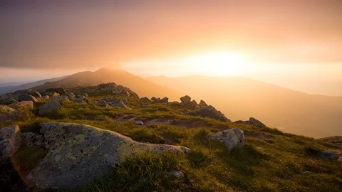 4K Time Lapse, Sunset At Low Tatras, Setting Sun Shines Through Clouds Over T Stock Footage 123483076