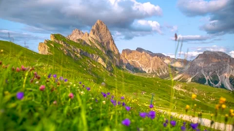 4k time-lapse of sunset moment golden Seceda summit with wild flowers 스톡 동영상 284462955