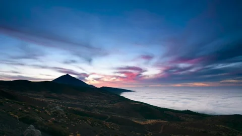 4K Time Lapse of Sunset to Night over Mount Teide with Sea of Clouds, Tenerife Stock Footage 319992968