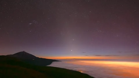 4K time-lapse sunset to night: Venus, zodiacal light and Milky Way over clouds Stock Footage 332932432