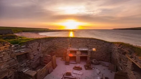 4K Time Lapse Sunset Over Skara Brae in Orkney Stock Footage 256095754