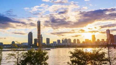 4k Time lapse Sunset of Seoul City Skyline at Han river in Seoul South Korea. Stock Footage 124924944
