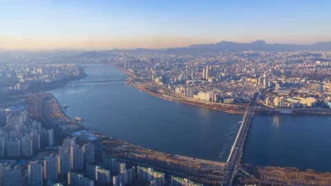 4k Time lapse Sunset of Seoul City Skyline,South Korea Stock Footage 124926697
