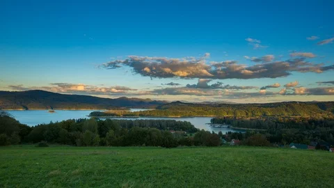 4k time lapse sunset sky over Bieszczady mountains and Solinskie lake in Poland. Stock Footage 98376863