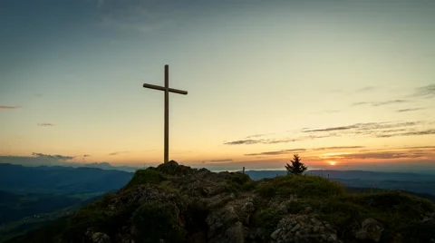 4K Time Lapse Sunset Summit Cross Stock Footage 67142270