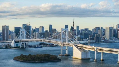 4k Time lapse Sunset of Tokyo City Skyline at Odaiba Tokyo Bridge,Japan Stock Footage 121644858