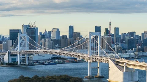 4k Time lapse Sunset of Tokyo City Skyline at Odaiba Tokyo Bridge,Japan Video stock 121644872
