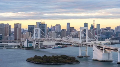 4k Time lapse Sunset of Tokyo City Skyline at Odaiba Tokyo Bridge,Japan Stock Footage 121645369