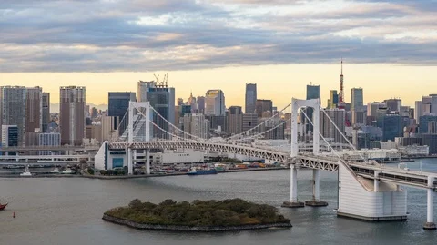 4k Time lapse Sunset of Tokyo City Skyline at Odaiba Tokyo Bridge,Japan Stock Footage 121645448