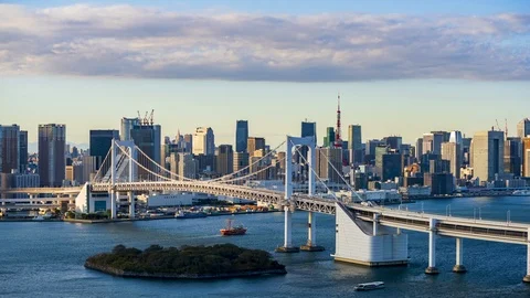 4k Time lapse Sunset of Tokyo City Skyline at Odaiba Tokyo Bridge, Japan Stock Footage 122382736