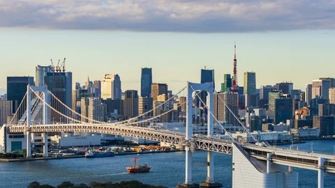 4k Time lapse Sunset of Tokyo City Skyline at Odaiba Tokyo Bridge, Japan Stock Footage 122382943