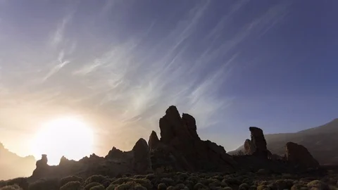 4k time lapse sunset, twilight and stars over volcanic rocks on Tenerife Stock Footage