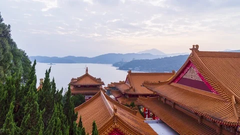4k Time lapse Sunset of Wenwu temple at Sun moon lake, Taiwan. Stock Footage 123060904