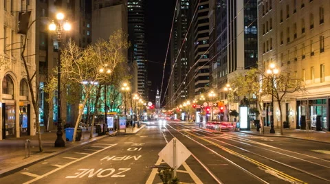 4k time lapse taken looking down Market street in San Francisco at night Stock Footage 46676311
