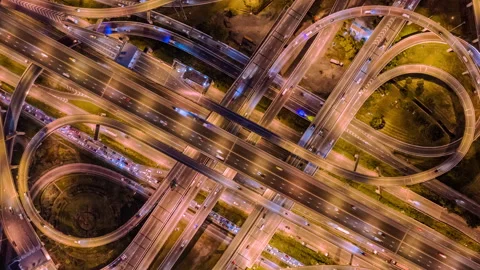 4k Time lapse, top view of traffic on a roundabout road at night Vídeos de archivo 258831709