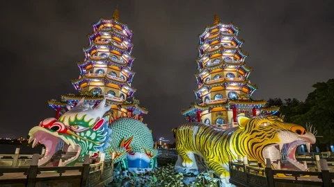 4k Time lapse of Tourists visiting Dragon and Tiger Pagodas in Kaohsiung,Taiwan Stock Footage 124197226