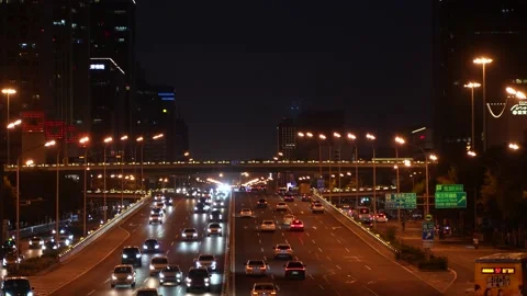 4K time-lapse of the traffic flow of the Guomao Bridge at night Stock Footage 207651821