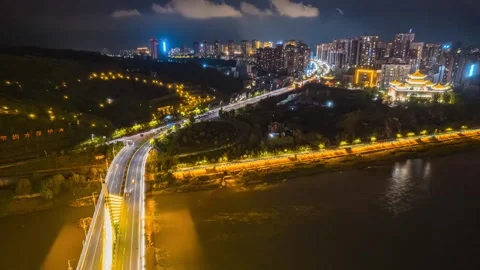 4K Time-lapse of Traffic Flow on Urban Bridge at Night Stock Footage 341790818