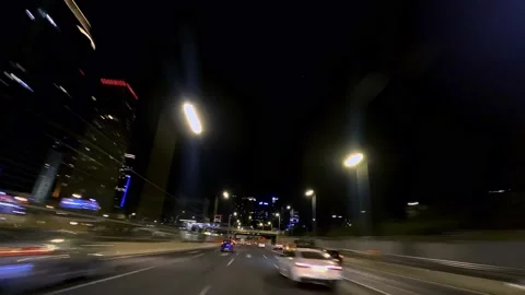 4K Time lapse Tram fast speed at night at Tel Aviv Highway Stock Footage 164914443