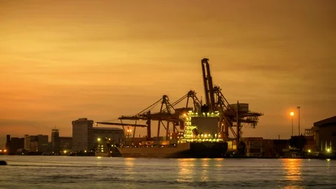4k Time lapse, Unloading Cargo Container at Port at dawn at Chao Phraya River Stock-Footage 97218767