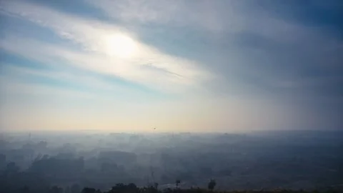 4K time lapse video of the forest from  hill with moving fog and sunrise Stock Footage 322010595