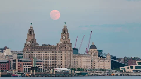 4K time lapse video of the full moon rising over the Liver Building, Liverpool Stock Footage 308949935