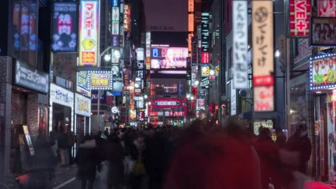 4K time lapse video of Kabukicho, Shinjuku District at night. Blurred logos Stock Footage 151681898