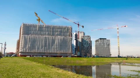 4k Time Lapse video of new buildings construction, cranes moving in Milan, Italy Stock Footage 148752934